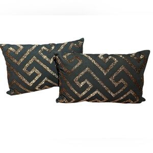 NEW Set of 2 LOLOI 100% Cotton Black w/ Gold Metallic Sequins Luxury Pillows